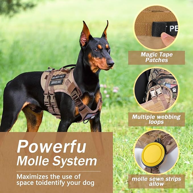 No Pull Tactical Dog Harness for Large Dogs, Escape Proof Molle Dog Vest Harness and Leash Set, Adjustable Military Service Dog Harness with Handle for Medium Large Dogs(Brown,Large) Yungaspy