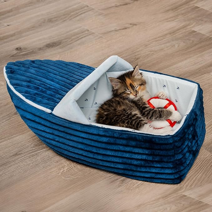 Furhaven Soft & Cozy Cat Bed w/ Catnip Toy for Indoor Cats, Washable w/ Removable Pillow Cushion Insert - Corduroy Boat Bed - Blue, Small - PAWPICO