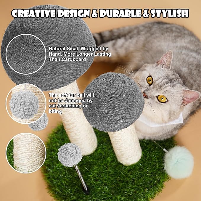 Odoland Cat Scratching Post Mushroom Natural Sisal Board Scratcher for Kitten Health and Good Behavior, Furniture Scratch Deterrent Accessories for Cats and Kitten Hrey - PAWPICO