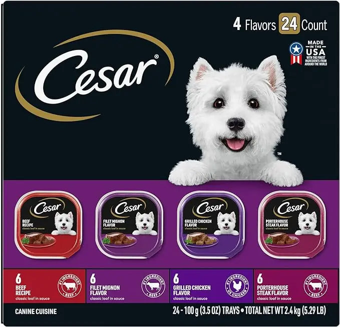 CESAR Adult Wet Dog Food Classic Loaf in Sauce Beef Recipe, Filet Mignon, Grilled Chicken and Porterhouse Steak Variety Pack, 3.5 oz. Easy Peel Trays (Pack of 24) - PAWPICO