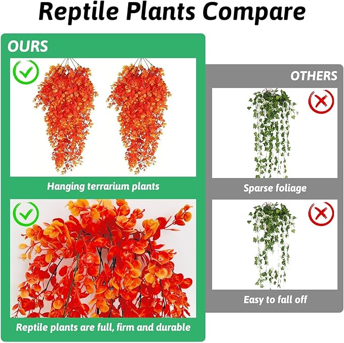 Hamiledyi Fake Reptile Plants 2 Pack Hanging Fake Plants, Plants for Reptiles with Suction Cup, Fake Amphibian Plants for Bearded Dragon Lizard Geckos Chameleon Tank (Orange) Hamiledyi