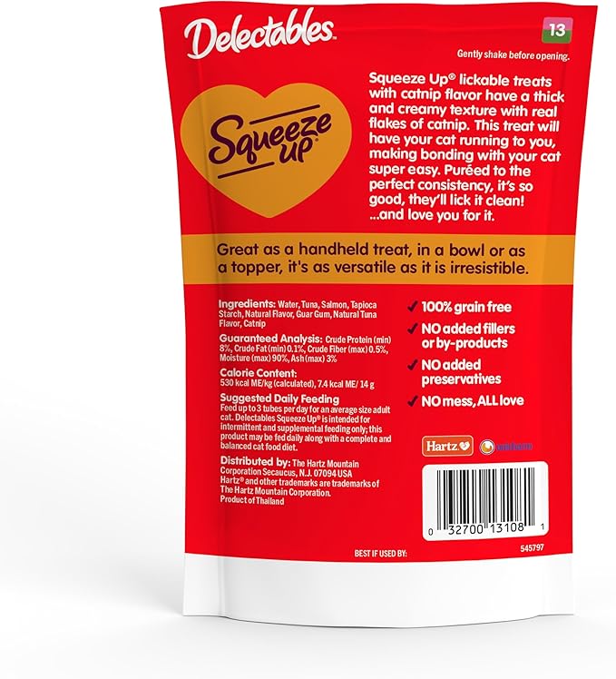 Delectables Squeeze Up Creamy Squeezable Puree, Lickable Wet Cat Treats, Grain Free, No Added Fillers, No By-Products, No Added Preservatives, 0.5 Ounces Tube Tuna & Salmon with Catnip, 32 Tubes Total Hartz