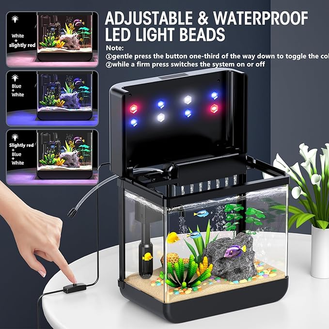 Fish Tank Aquarium 2.2 Gallon with Adjustable 3 Color Lighting Self Cleaning 3 in 1 Pump with Filteration, Oxygenation, Water Circulation Triple Function, HD Float Glass, Leak-Proof Thickened Base Focusonhomelifeandhealth