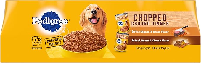 PEDIGREE CHOPPED GROUND DINNER Adult Canned Soft Wet Dog Food, Variety Pack, Filet Mignon & Bacon Flavor and Beef, Bacon & Cheese Flavor, (12) 13.2 oz. Cans - PAWPICO