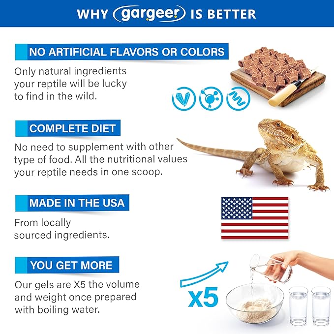 16oz Bearded Dragon Food. Complete Gel Diet for Both Juveniles and Adults. Proudly Made in The USA, Using Premium Ingredients, Fortified Gourmet Formula. Enjoy! Gargeer
