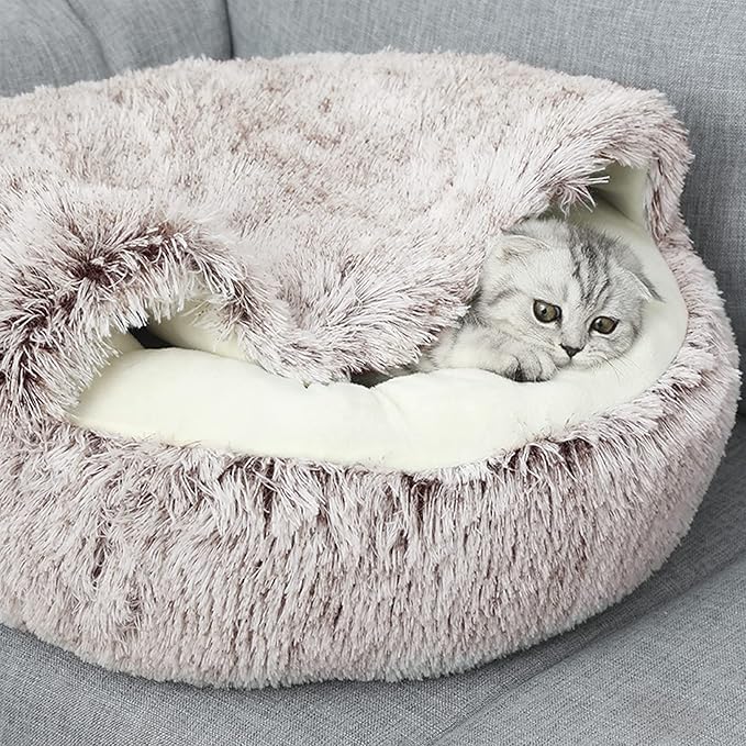 ShinHye Cat Bed Round Plush Fluffy Hooded Cat Bed Cave, Cozy for Indoor Cats or Small Dog beds, Soothing Pet Beds Doughnut Calm Anti-nxiety Dog Bed - Waterproof Bottom Washable (26×26inch, Coffee) - PAWPICO