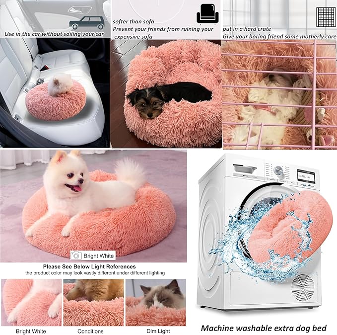 Pink Puppy Bed 15 Inch Washable, Donut Soft Small Pet Bed,Calming Anti Anxiety Round Fits up to 5 lbs Warm Comfort Pets Beds for Puppy Dogs Indoor… - PAWPICO