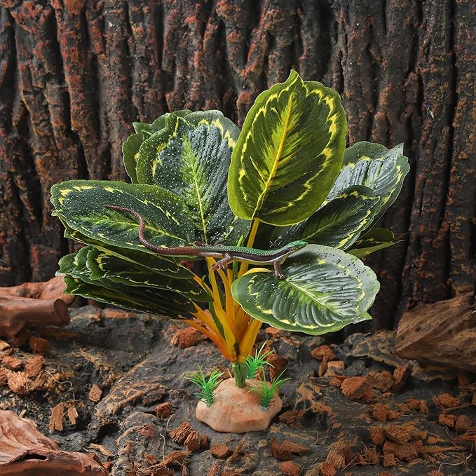 Terrarium Plants for Reptile Terrarium, Reptile Plants Tortoise Habitat Accessories, Artificial Spider Plant for Gecko, Ball Python, Tortoise Terrarium Décor - Calathea Makoyana B IBWell