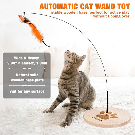JXFUKAL Interactive cat Toy, Automatic Cat Wand Toy with Stable Wooden Base, 2 PCS Detachable Cat Teaser, 5PCS Refills Replacement & Hanging Cat Toy, Kitty Kitten Toys Cat Feather Spring String Toy - PAWPICO