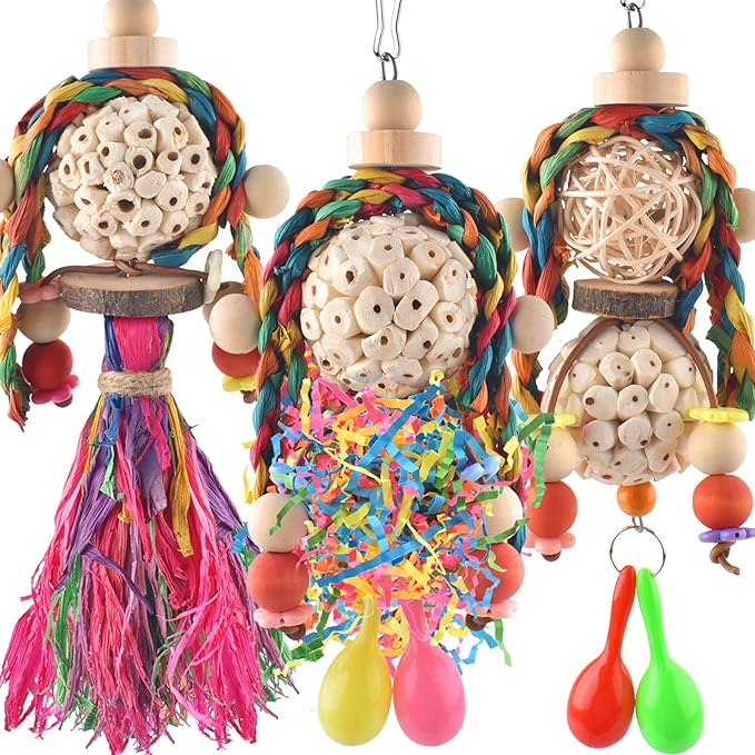 Bissap Conure Toys, 3PCS Bird Parrot Foraging Shredder Hanging Toys Sola Balls with Sand Hammer for Small Parrots Parakeets Conures Cockatiels Love Birds Cage Toy Bissap