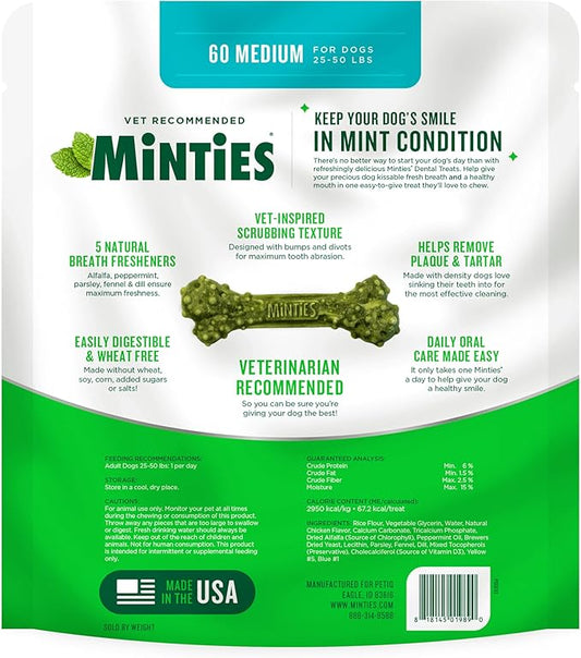 Minties Dental Chews for Dogs, 60 Count, Vet-Recommended Mint-Flavored Dental Treats for Medium Dogs 25-50 lbs, Dental Bones Clean Teeth, Fight Bad Breath, and Removes Plaque and Tartar Minties
