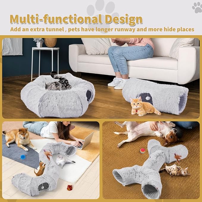 Odoland Cat Tunnels for Indoor Kitten Fluffy Cat Bed and Cat Cave Tunnels with 20 Cat Toys, Kittens Donut Tunnel and Variety Kitten Toy Set for Kitten/Puppy/Rabbit - PAWPICO
