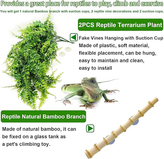 kathson Reptile Plants Hanging Plastic Fake Climbing Terrarium Plant Decor Bearded Dragons Corner Branch Habitat Decorations for Amphibian Lizards Crested Gecko Snake Hermit Crab Frogs (Bamboo) 3Pcs kathson
