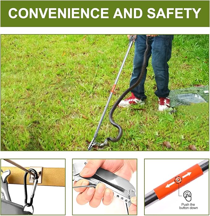 Reptile Tongs Snake Grabber Tool lock 47 inch Aluminum Alloy Easy to Carry Foldable and Light with Zigzag Wide Jaw Stainless Steel Professional Outdoor Catch Snake Hooks HOOJUKE