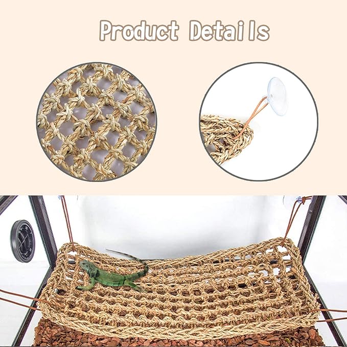 PINVNBY Bearded Dragon Hammock Lizard Natural Seagrass Habitat Reptile Tank Accessories Jungle Climber Vines Flexible Leaves Decor for Climbing Reptiles Lizards Chameleon Gecko Snakes PINVNBY