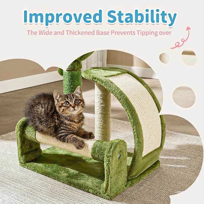 Made4Pets Cat Scratching Post, Cactus Scratcher Tree for Indoor Small Cats, Adult Kitten Scratch Pad with Natural Sisal Ropes, Cute Kitty Nail File Vertical Scratcher with Green Carpet Cover - PAWPICO