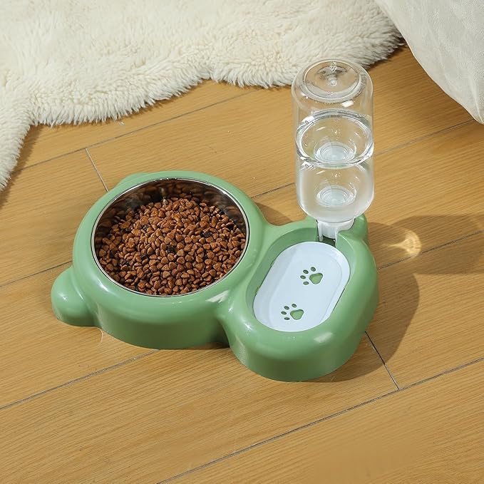 Dog Bowls, Cat Food and Water Bowl Set with Water Dispenser and Stainless Steel Bowl for Cats and Small Dogs - Green - PAWPICO