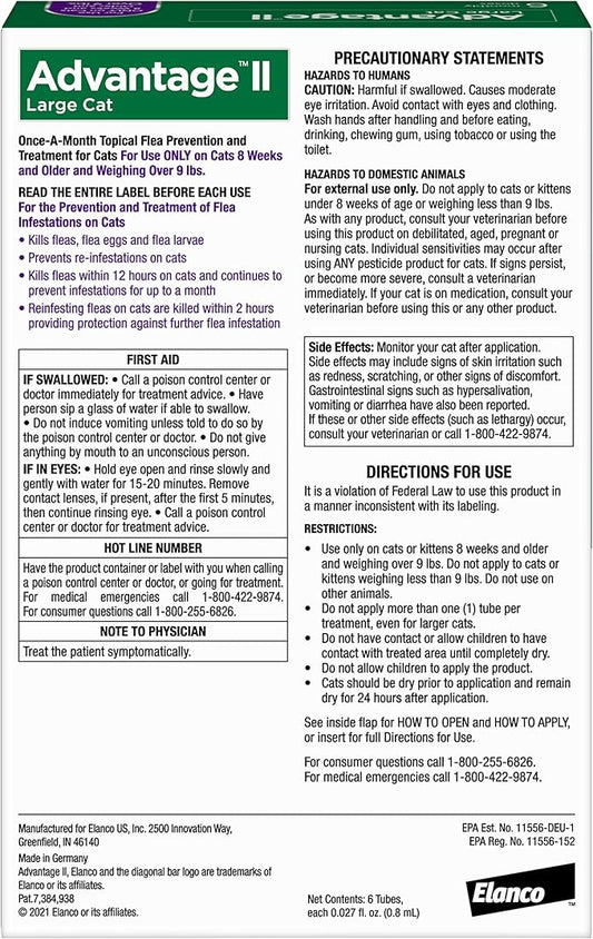 Advantage II Large Cat Vet-Recommended Flea Treatment & Prevention | Cats Over 9 lbs. | 6-Month Supply Advantage