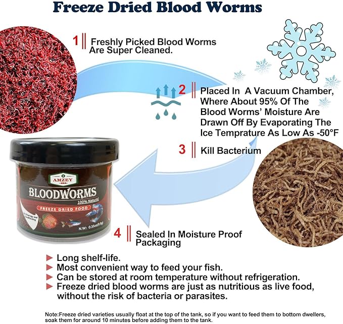 Amzey Blood Worms 0.35oz -100% Natural Freeze Dried Blood Worms - Aquarium Fish Food - High Protein Food for Betta Fish, Food for Goldfish, Cichlid, Guppy, Discus, Turtle Amzey