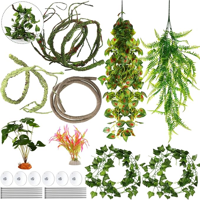 9 Pieces Reptile Jungle Vines Decor Set Include Bendable Flexible Climbing Plastic Plants with Suction Cups Tank Accessories Habitat Decor for Gecko, Snake, Hermit Crab Luinabio