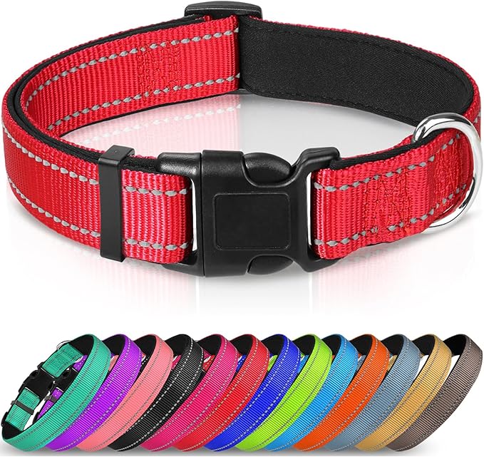 Joytale Reflective Dog Collar,Soft Neoprene Padded Breathable Nylon Pet Collar Adjustable for Large Dogs,Red,L - PAWPICO