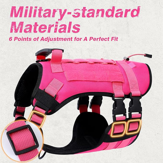 No Pull Tactical Dog Harness for Large Dogs, Escape Proof Molle Dog Vest Harness and Leash Set, Adjustable Military Service Dog Harness with Handle for Medium Large Dogs(L, Pink) Yungaspy