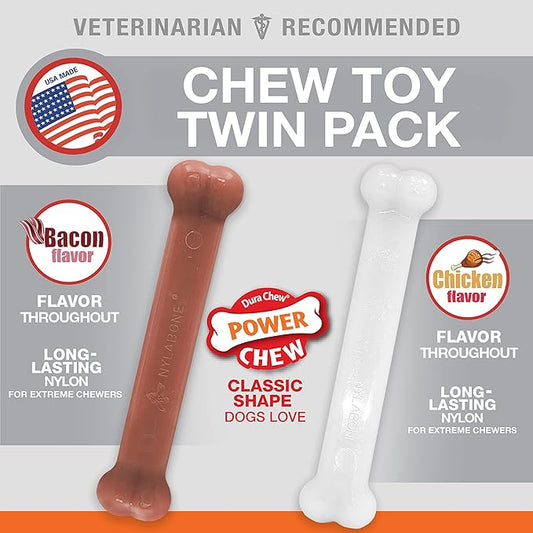 Nylabone Power Chew Classic Bone Chew Toy for Dogs, Durable Dog Toys for Aggressive Chewers, Chicken Flavor, Large/Giant - Up to 50 lbs. (2 Count) - PAWPICO