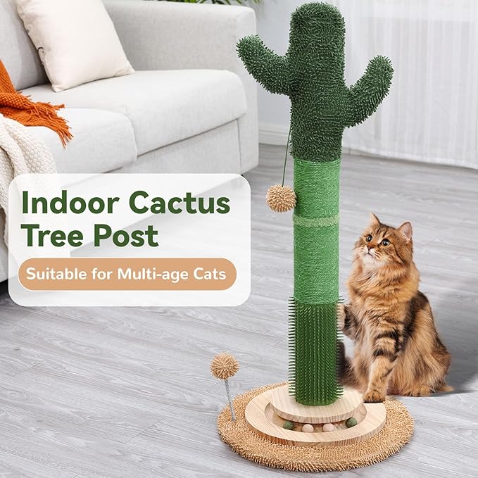OTOB 36" Tall Cat Scratching Post, Natural Sisal Rope Cactus Scratcher Post, Vertical 6-in-1 Interactive Turntable Cat Scratch Post with Soft Ball Toys, Protect Your Furniture for All Indoor Cats - PAWPICO