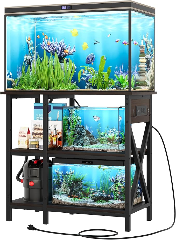 YITAHOME 10-29-37 Gallon Fish Tank Stand with Power Outlet, 30x16 Inch Metal Aquarium Stand with 3-Tier Adjustable Storage Shelves and Hooks, 450LBS Capacity,Black YITAHOME