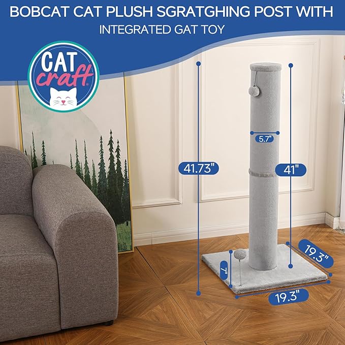 Cat Craft Cat Scratching Post Carpet Scratching Post 40" for Indoor Cats, Tall Cat Scratch Post, Carpet Cat Scratcher with Replaceable Toys, Sturdy Base, Large, Light Gray - PAWPICO