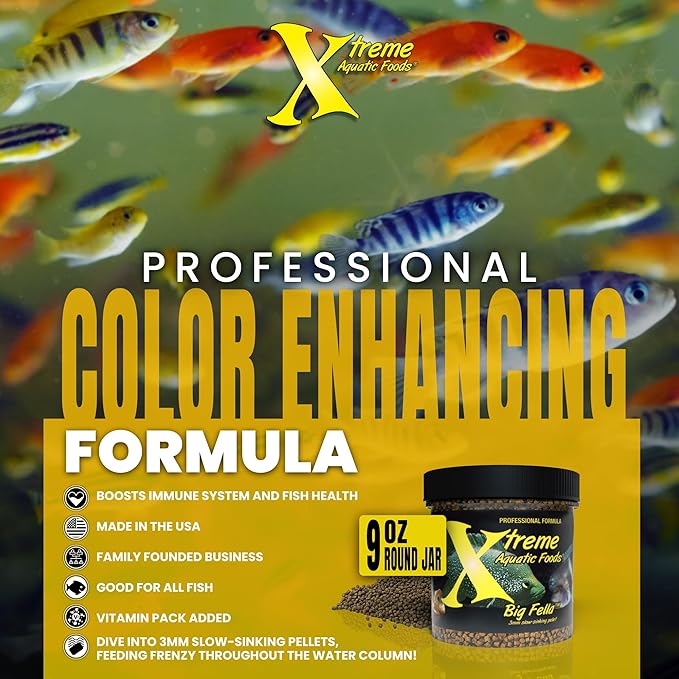 Xtreme Big Fella 3.0mm Pellets: Professional Nutrition for Medium to Large Cichlid/Community Fish - Boost Immune & Digestive Health, Color & Energy, Max Protein Fish Food – USA Farm Grown (9oz) XtremeAquaticFoods