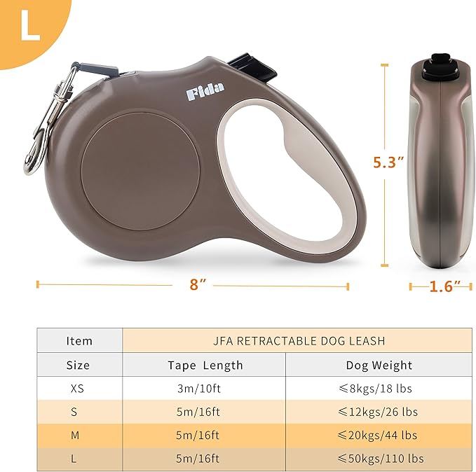 Fida Retractable Dog Leash, 16ft Heavy Duty Pet Walking Leash for X-Small/Small/Medium/Large Dog or Cat up to 110 lbs, Tangle Free. One-Hand Brake (Large, Coffee) - PAWPICO