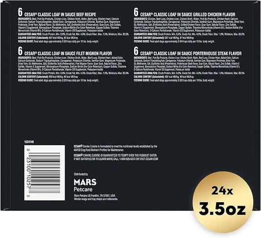 CESAR Adult Wet Dog Food Classic Loaf in Sauce Beef Recipe, Filet Mignon, Grilled Chicken and Porterhouse Steak Variety Pack, 3.5 oz. Easy Peel Trays (Pack of 24) - PAWPICO