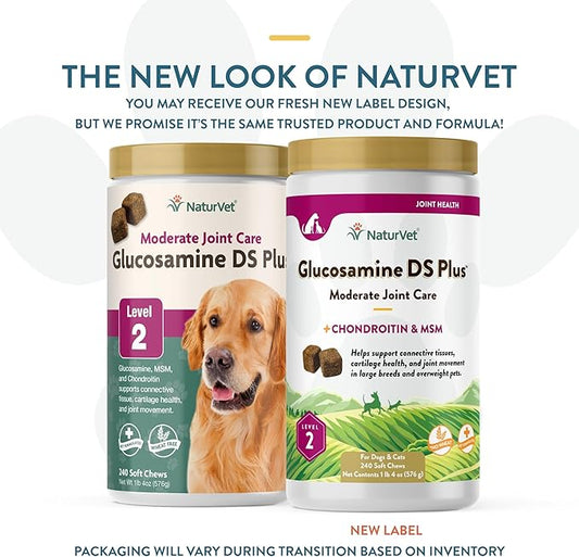 NaturVet – Glucosamine DS Plus - Level 2 Moderate Care – Supports Healthy Hip & Joint Function – Enhanced with Glucosamine, MSM & Chondroitin – for Dogs & Cats – 240 Soft Chews NaturVet