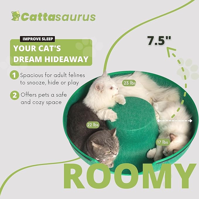 CATTASAURUS Peekaboo Cat Cave for Multiple & Large Cats Up to 30-45 Lbs, Scratch Detachable & Washable Tunnel Bed, Comfy Donut Cat Cave (Forest Green, Large) - PAWPICO