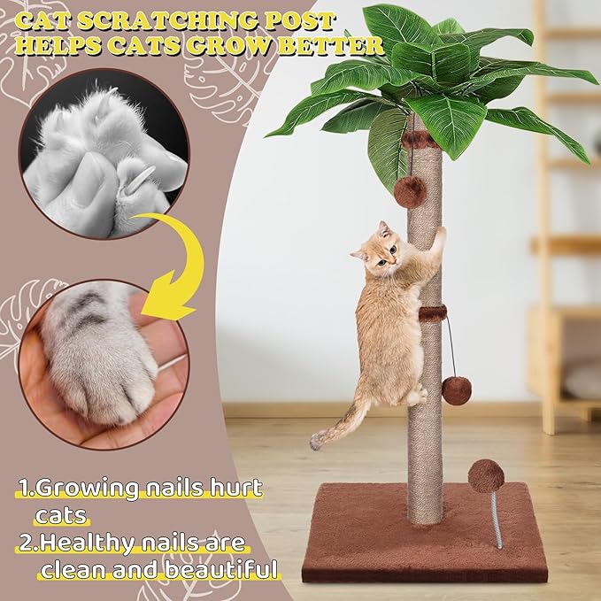 Cat Scratching Post for Indoor Cats,33.5” H Sisal Scratching Post for Kitten & Large Cat, Cat Scratch Post with Spring Ball,Brown - PAWPICO