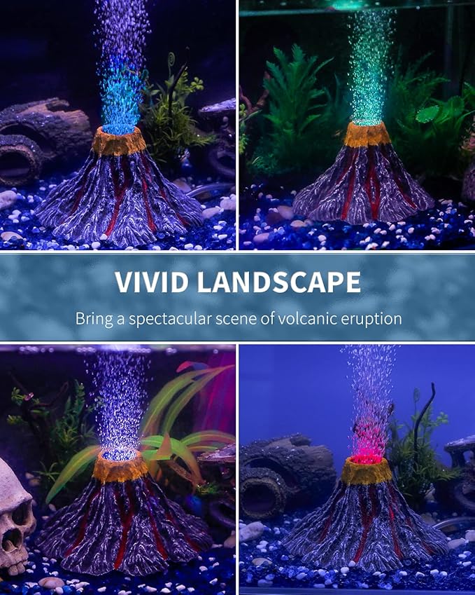 Uniclife Aquarium Volcano Ornament Kit Realistic Resin Volcanic Decoration with Air Stone Bubbler Colorful LED Light Decor for Fish Tank Landscape Addition and Oxygenation UnicLife