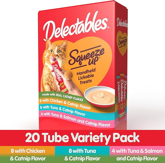 Delectables Squeeze Up Catnip Variety Pack, Creamy Squeezable Puree, Lickable Wet Cat Treats, Grain Free, No Added Fillers, No by-Products, No Added Preservatives, 0.5 Ounces Tube, 20 Tubes Total Hartz