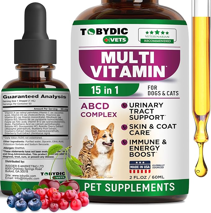 Cat & Dog Multivitamin -15 in 1 Pet Supplements with Cranberry & Glucosamine - Natural Medicine & Support for UTI, Urinary Tract, Bladder, Kidney, Skin Coat, Joints Treatment Made in USA TOBYDIC