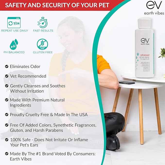 Earth Vibes Dog & Cat Ear Cleaner – Pet Cat Ear Cleaner - Advanced Natural Solution Treatment for Itching, Head Shaking, Discharge & Smelly Ears - Made in The USA EarthVibes