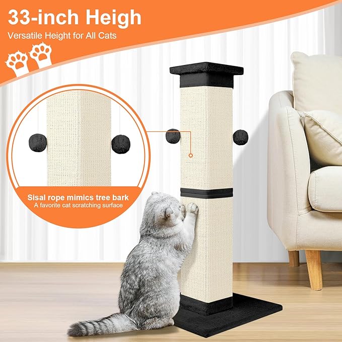 Cat Scratching Post 33 Inch Nature Sisal Cat Scratch Post for Indoor Cats, Large Cat Scratcher Protect Your Furniture, Black - PAWPICO