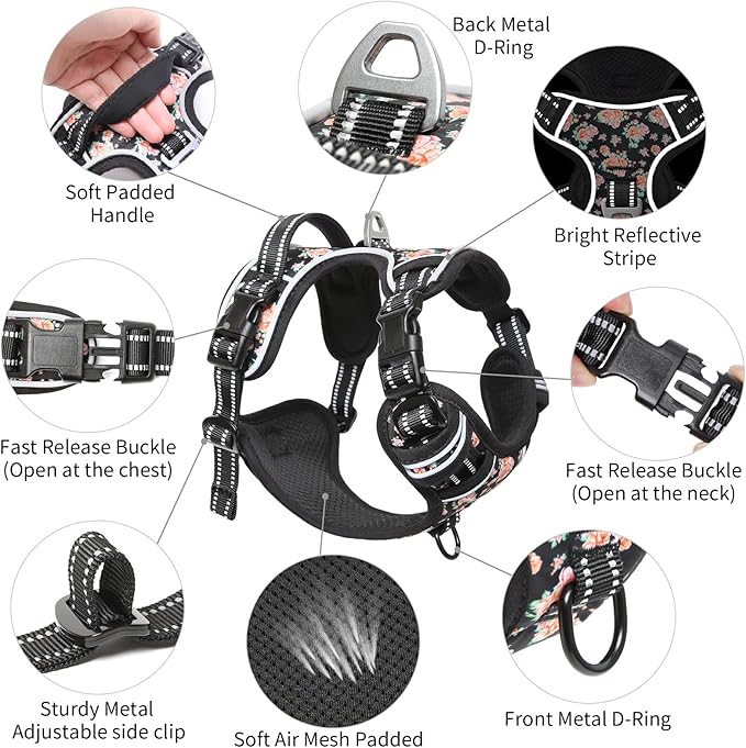 Timos No Pull Dog Harness,NO Need Go Over Dogs Head 3 Snap Buckles Reflective Oxford No Choke Harness with Front&Back 2 Metal Leash Clips Soft Padded for Small Medium Large Dogs,X-Large (Pack of 1) Timos