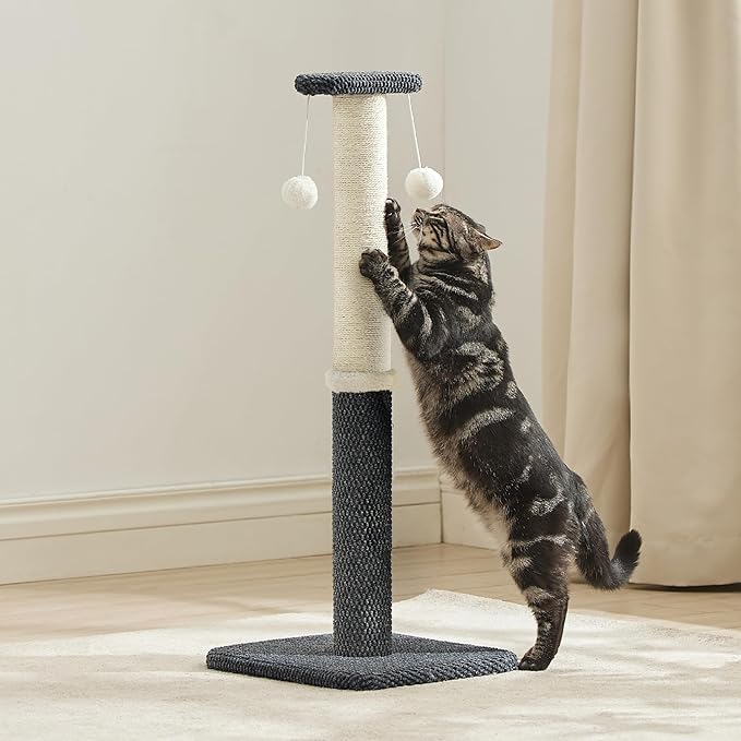 Lesure 34" Tall Cat Scratching Post - Highly Resistant Carpet Scratch Post, Premium Sisal Rope Scratch Posts Kitten and Adult Cats, Sturdy Large Scratch Pole with Hanging Ball, Grey - PAWPICO