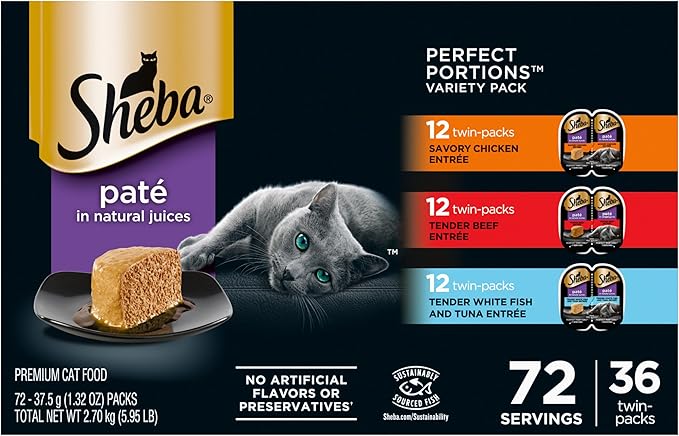 Sheba Perfect Portions Wet Cat Food Pate Savory Chicken Entree, Tender Beef Entree, and Tender White Fish and Tuna Entree, 2.6 oz. Twin-Pack Trays (36 Count, 72 Servings) - PAWPICO