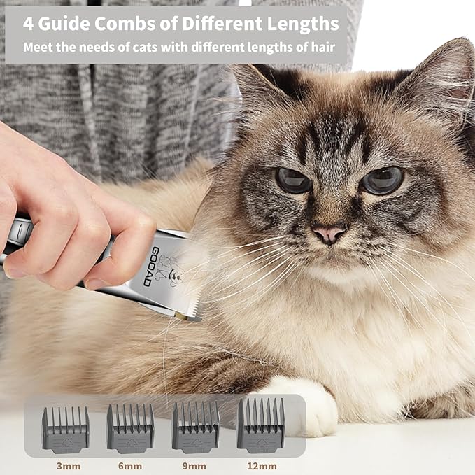 Cat Clippers for Matted Hair, Cat Grooming Kit, Cordless Cat Shaver for Long Hair, Low Noise Paw Trimmer, Cat Hair Trimmer for Grooming,Quiet Pet Hair Clippers Tools for Cats Dogs (Sliver) - PAWPICO