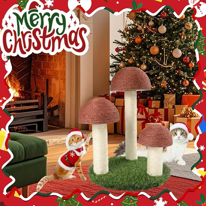 PowerKing Cat Scratching Post, Mushroom Claw Scratching Post for Cat, Natural Sisal Cat Scratchers with 3 Mushroom Pole, Cat Interactive Toys - PAWPICO