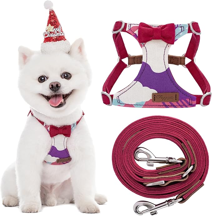 Puppytie No Pull xs Dog Harness with Multifunction Dog Leash,Soft Adjustable No Choke Escape Proof Pet Harness Vest,Suede Bow red,XS Puppytie