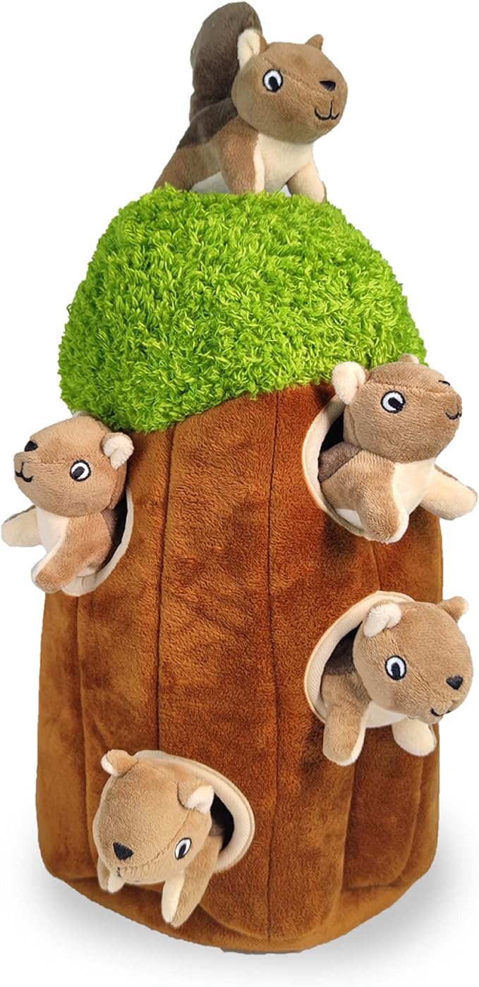 Squirrel in Tree Hide and Seek Dog Toy for Small and Medium Size Dogs, Plush Squirrel Inside Trunk Dog Toy with Squeaker, Interactive Burrow Dog Toy (Tree with Squirrels, Large) - PAWPICO