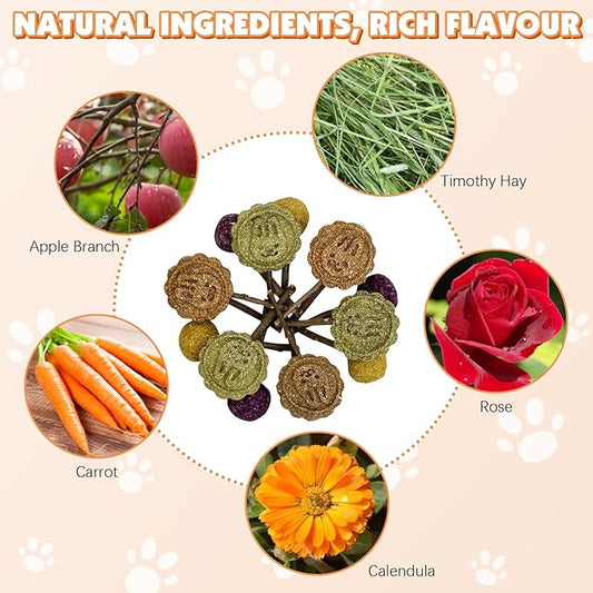 Fhiny Rabbit Chew Toys, 15 PCS Natural Bunny Lollipop Chew Sticks Handmade Guinea Pig Molar Treats for Teeth Small Animals Snacks for Guinea Pig Bunny Chinchilla Hamster Gerbil Teeth Care Fhiny