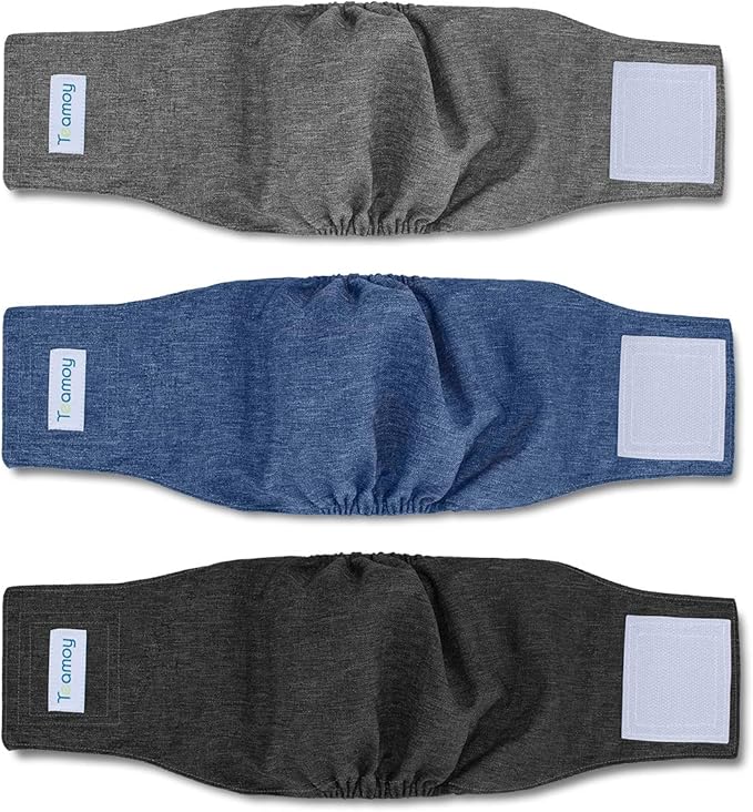 Teamoy 3pcs Reusable Wrap Diapers for Male Dogs, Washable Puppy Belly Band (S, 10"-13" Waist, Black+ Gray+ Blue) - PAWPICO